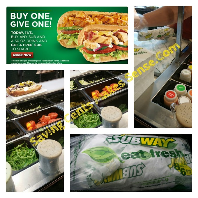 #SUBWAY: Buy Any #Sandwich Get 1 #FREE Today Only! 11/3