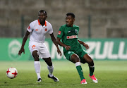 Boysen Mbatha of Amazulu and Ndivhuwo Ravhuhali of Polokwane City during the Absa Premiership match between AmaZulu FC and Polokwane City at Kings Zwelithini Stadium on October 18, 2017 in Durban, South Africa. 