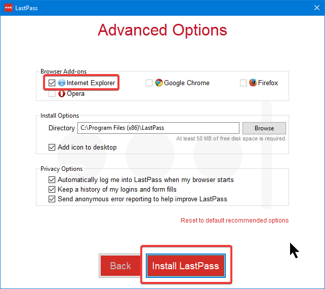 ตัวเลือกขั้นสูงของตัวติดตั้ง LastPass สำหรับโปรแกรมเสริมของ Internet Explorer