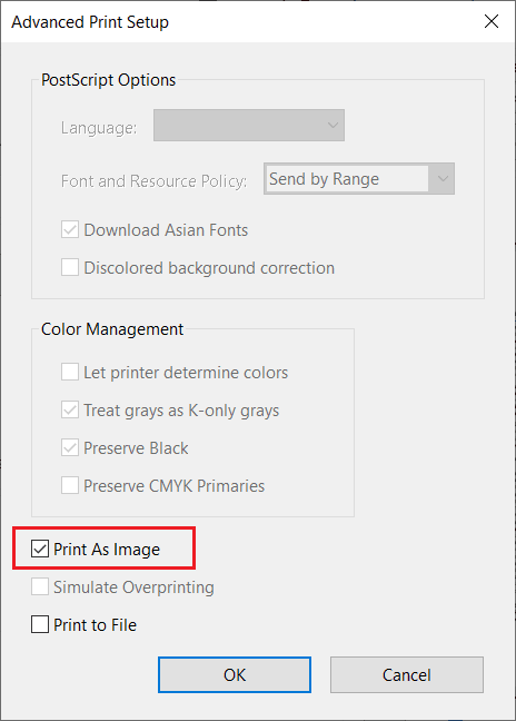 ในหน้าต่าง Advanced Print Setup เครื่องหมายถูก "Print As Image" และคลิก OK