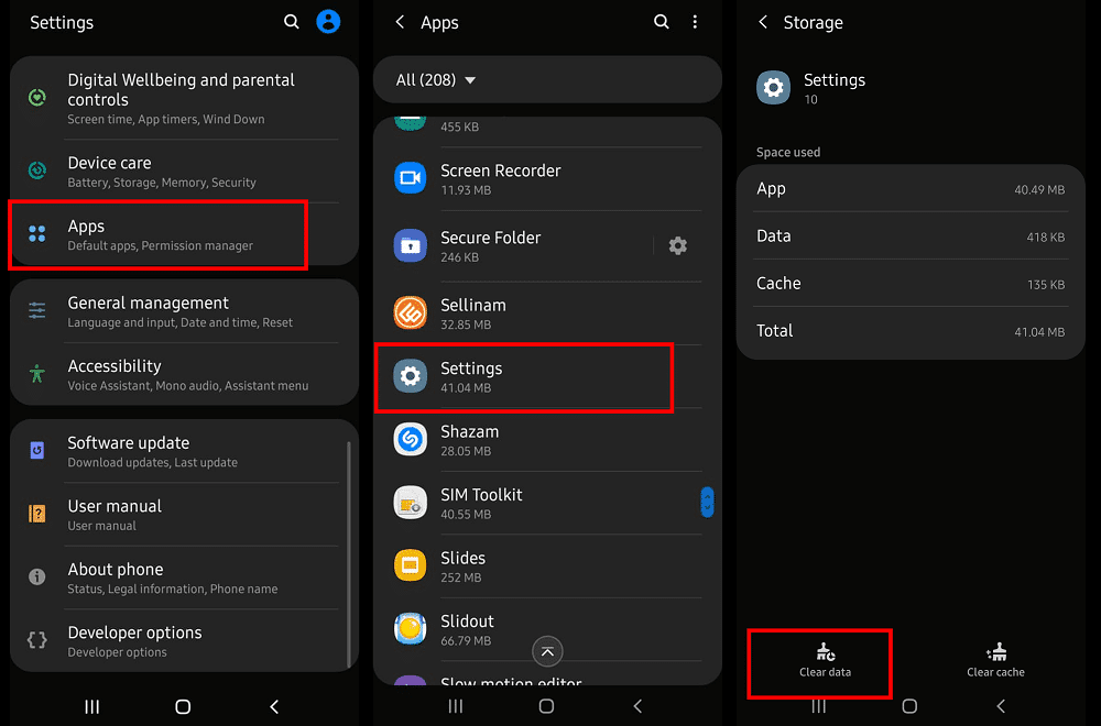 Abra la Configuración de su teléfono y seleccione Aplicaciones.  Toque "Borrar datos" para borrar los datos de la aplicación y los datos de caché