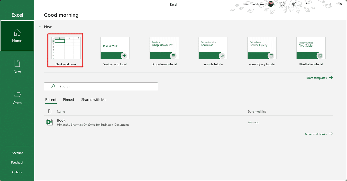 En la ventana de Excel, haga clic en la opción Libro en blanco debajo de Nuevo.