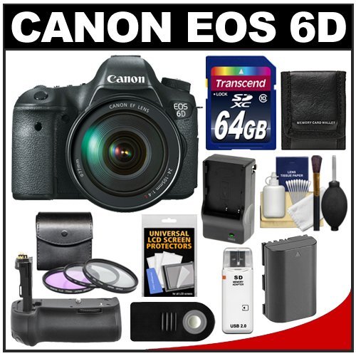 Canon EOS 6D Digital SLR Camera Body with EF 24-105mm L IS USM Lens with 64GB Card + Battery  &  Charger + Battery Grip + 3 UV/FLD/CPL Filters + Remote Kit