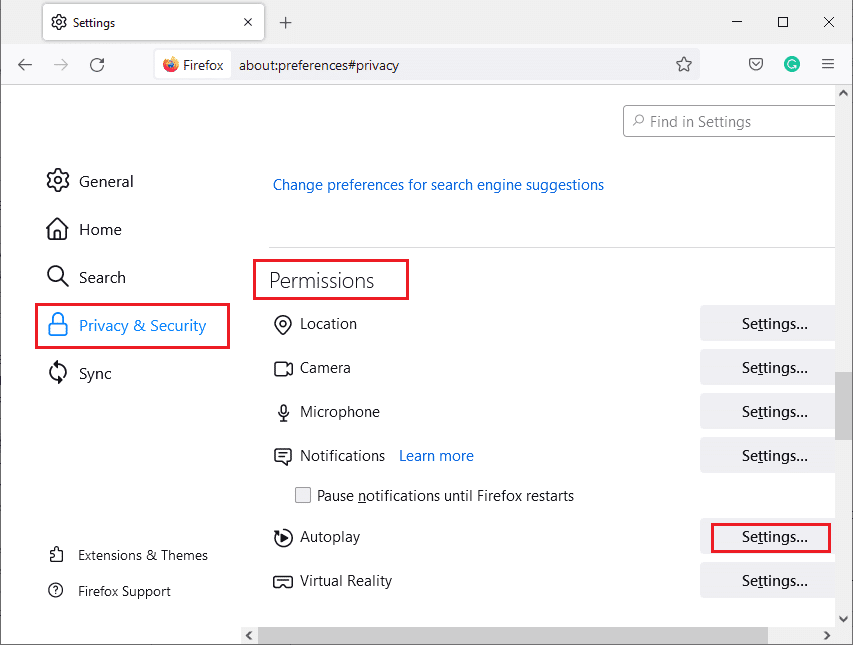 ตอนนี้ คลิกที่แท็บ Privacy & Security และเลื่อนลงมาที่ส่วน Permissions  แก้ไขไม่มีเสียงใน Firefox บน Windows 10