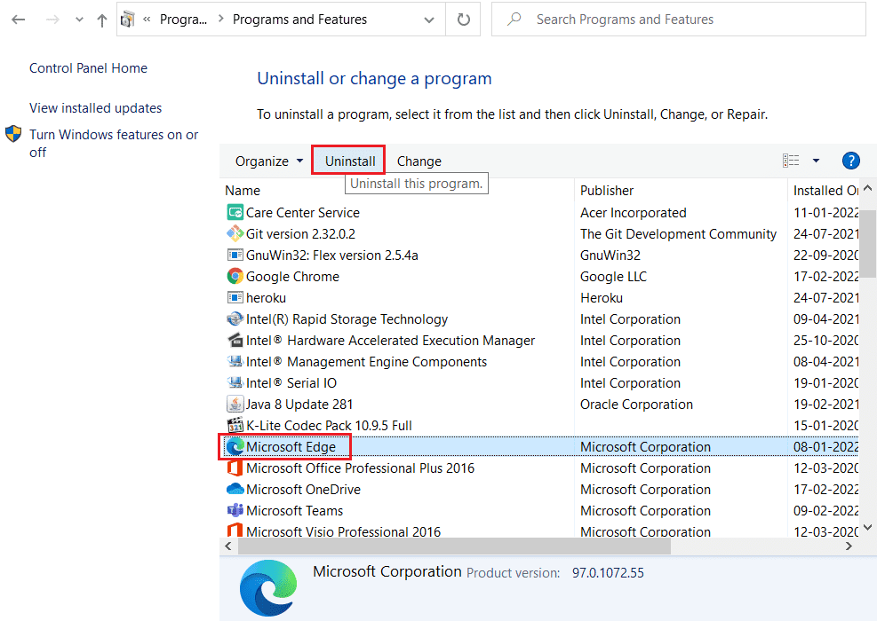 seleccione Microsoft Edge y haga clic en Desinstalar en la configuración del Panel de control de Programas y características.  Arreglar VIOLACIÓN DE ACCESO DE ESTADO en Chrome