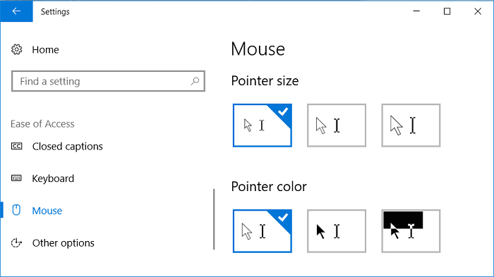 Dal menu a sinistra, seleziona Mouse, quindi scegli la dimensione del puntatore e il colore del puntatore appropriati