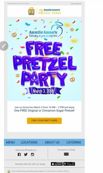 Auntie Anne's FREE Pretzel March 3rd 2018 10am-2pm