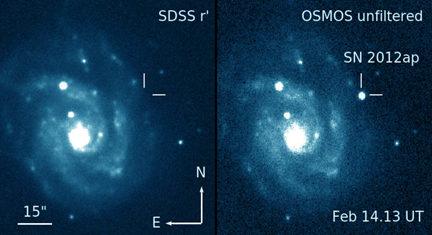 imagens da supernova SN 2012ap e sua galáxia hospedeira NGC 1729