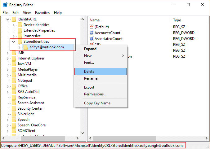 ขยาย StoredIdentities และคลิกขวาที่บัญชี Microsoft ของคุณ จากนั้นเลือก Delete