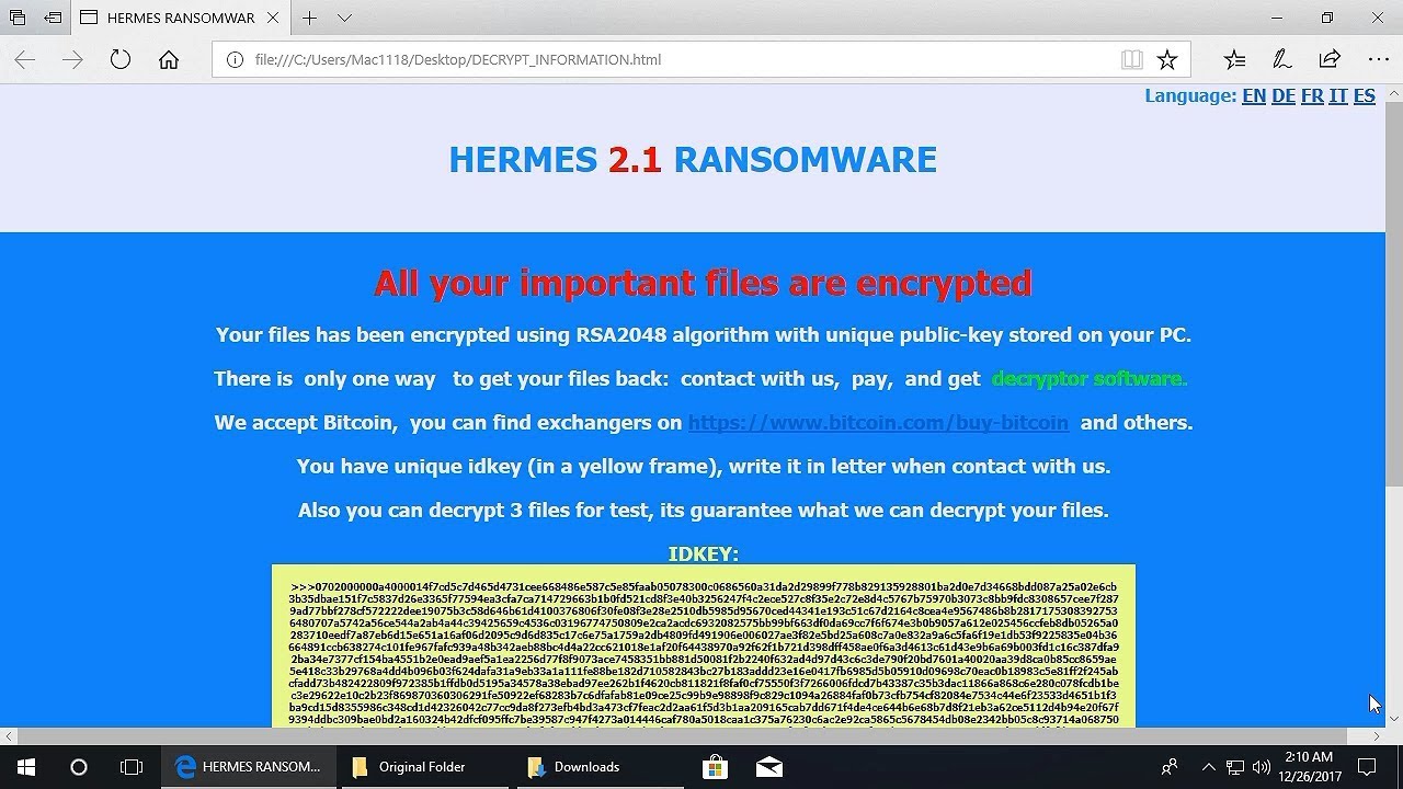 Hermes Ransomware Message