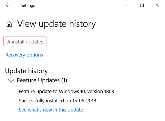 Haga clic en Desinstalar actualizaciones en Ver historial de actualizaciones
