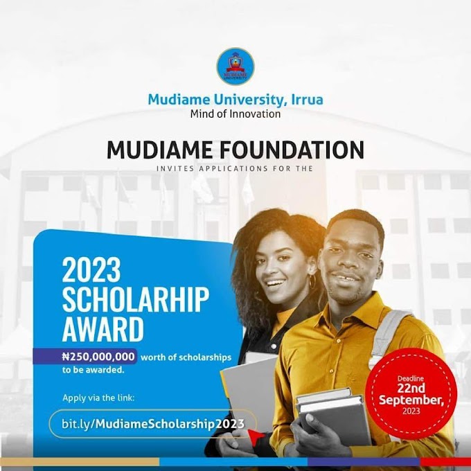 Submission of applications for the Mudiame University scholarship awards for 2023 ends tomorrow! 