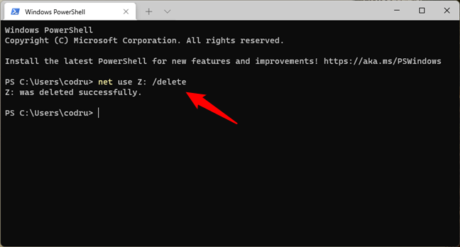 Using the net use /delete command to remove a mapped network drive