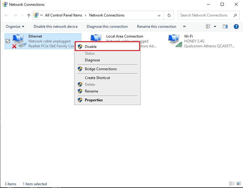 Haga clic derecho en Ethernet y seleccione Desactivar |  Solucionar mensaje de error de medios desconectados en Windows 10