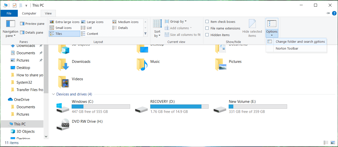 Fare clic su Visualizza e selezionare Opzioni