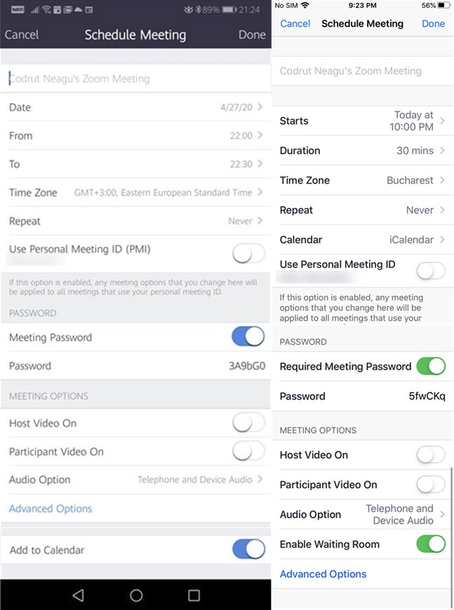 Настройки, доступные для запланированной встречи в приложениях Zoom для Android и iOS