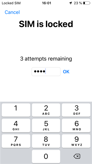 Een iPhone die om de pincode van de simkaart vraagt