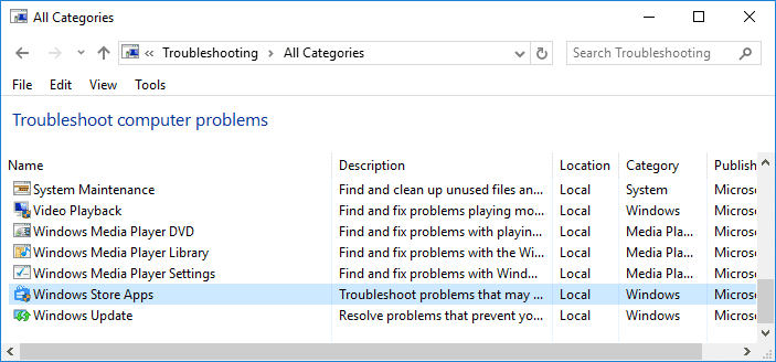 컴퓨터 문제 해결 목록에서 Windows 스토어 앱 선택