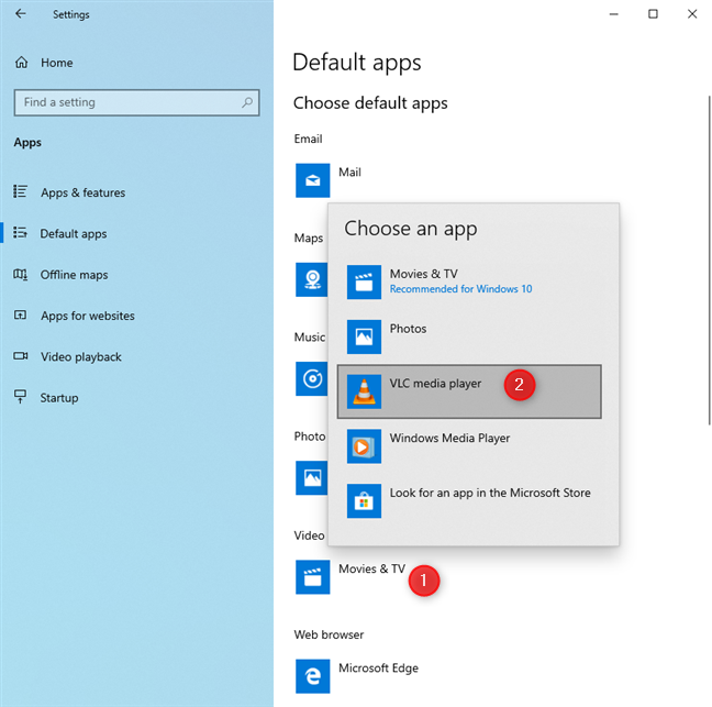 Définir les applications par défaut dans Windows 10