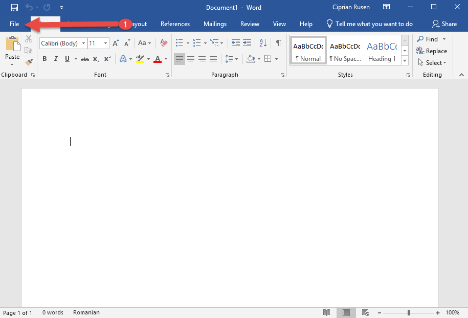 เข้าถึงแท็บไฟล์ใน Microsoft Word 2019