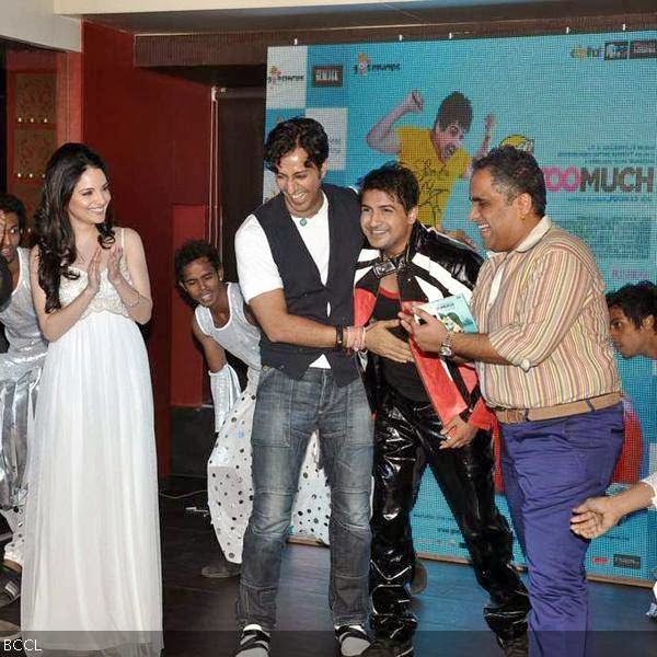 (L-R) Armeena Rana Khan, Salim Merchant, Pushkar Jog and Kunal Ganjawala share a light moment during the music launch of the movie Huff! It's Too Much, held in Mumbai, on October 9, 2013. (Pic: Viral Bhayani)