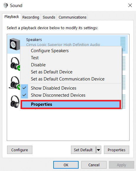 En la pestaña Reproducción, haga clic derecho en el dispositivo predeterminado y seleccione Propiedades.