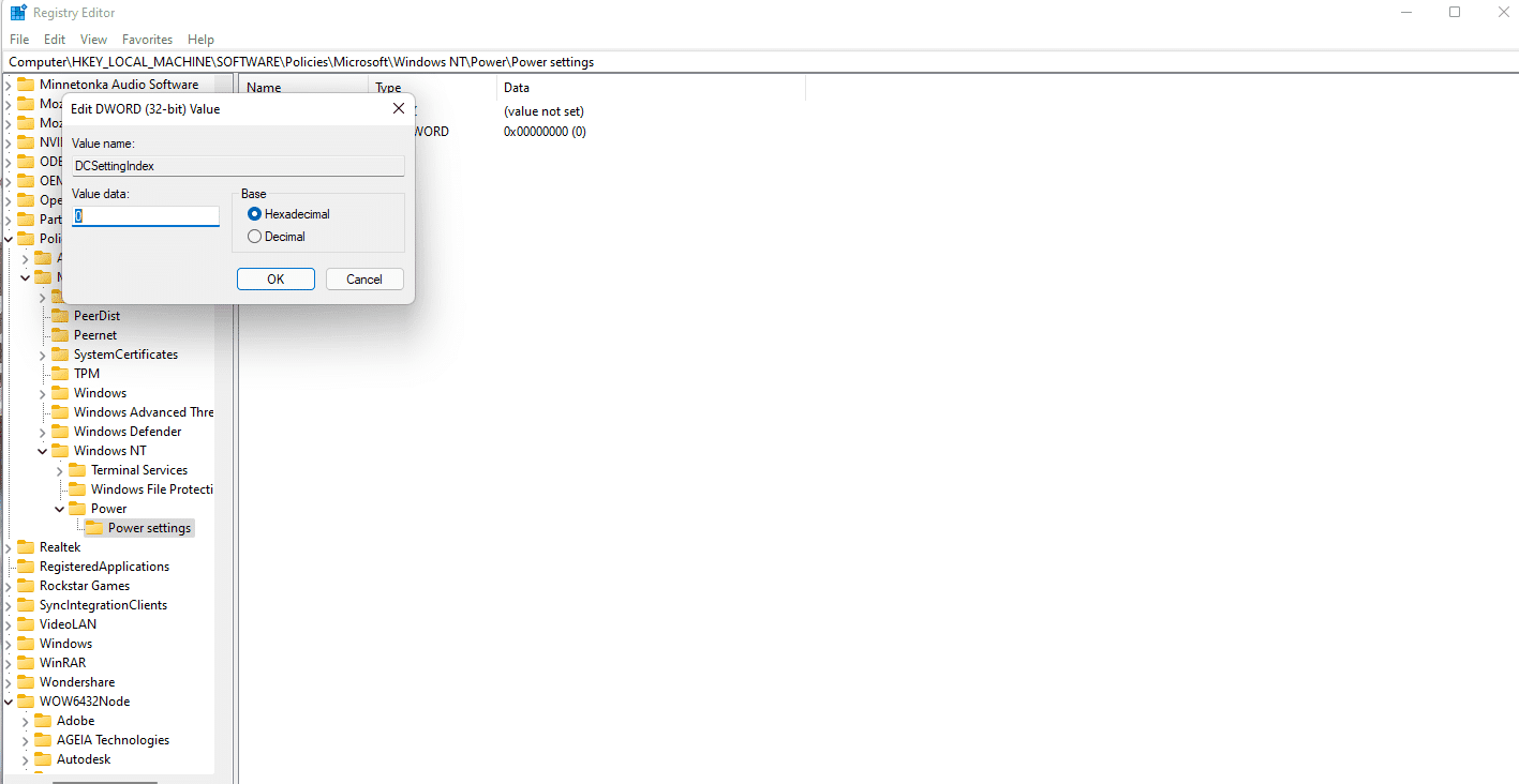 Haga doble clic en el archivo DCSettingIndex y configure los datos del valor en 0. Cómo habilitar o deshabilitar la contraseña de activación en Windows 11