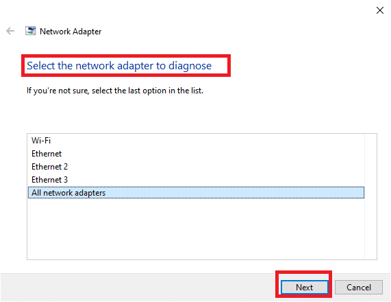 診断するネットワークアダプタを選択し、[次へ]、[次へ]の順にクリックします。 TCP/IPをリセット