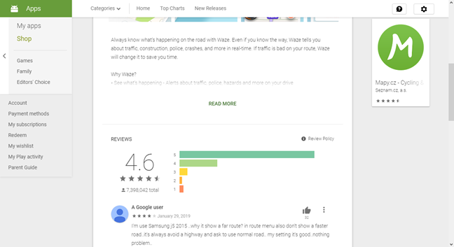 Google Play 스토어의 Waze에 대한 설명, 평가 및 사용자 의견