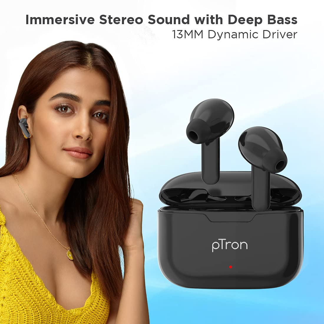 pTron Bassbuds Duo New Bluetooth 5.1 Wireless Headphones, Stereo Audio, Touch Control TWS, Dual HD Mic, Type-C Fast Charging, IPX4 Water-Resistant, Passive Noise Cancelling & Voice Assistant (Black)