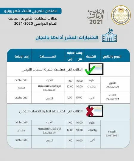 جدول الامتحان التجريبي الثالث للصف الثالث الثانوي 2021