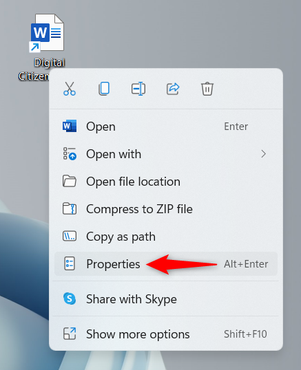 Open Properties from the shortcut's contextual menu