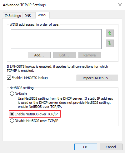 [NetBIOS設定]で、[NetBIOS over TCP/IPを有効にする]チェックマークをオンにします