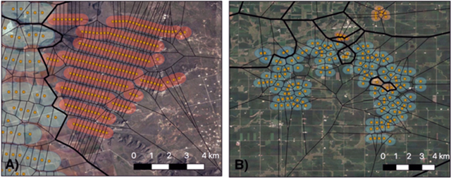 Illustrating Voroni-polygon and buffer-based approaches for estimating the area of wind power plants. Individual turbine locations shown as orange dots, with the thin black line around each wind turbine designating the Voroni polygon boundary. The thick black lines designate Voroni polygons surrounding each wind power plant. The colored buffer regions illustrate an alternative approach for estimating are, shown as an 8-rotor diameter (8D) buffer around each turbine. (A) Bull Creek (orange, top left, −101.6°E, 32.9°N) has an area of 243 km2 according to (Denholm et al 2009), 47.8 km2 using the 8D buffer, and 54 km2 based on the median Voroni polygon area (0.3 km2 per turbine with 180 turbines). (B) Fenton Wind Farm (teal, −93.2°E, 42.6°N) has an area of 156 km2 according to (Denholm et al 2009), 100 km2 using the 8D buffer, and 137 km2 based on the median Voroni polygon area (1.0 km2 per turbine with 137 turbines). Graphic: Miller and Keith, 2018 / Environmental Research Letters