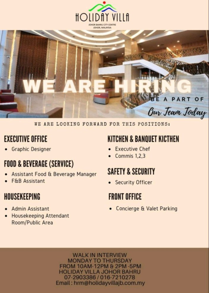 Job Openings at Holiday Villa Johor Bahru City Centre