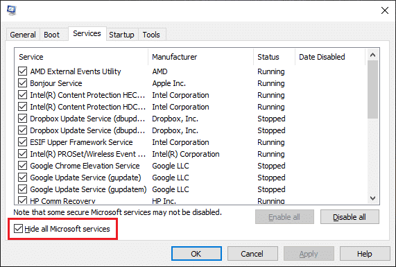 次に、[すべてのMicrosoftサービスを非表示にする]/[Windows10でクリーンブートを実行する]の横のチェックボックスをオンにします