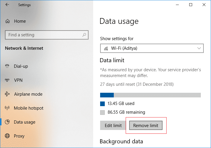 Eliminar el límite de datos para WiFi y Ethernet en la configuración de Windows 10 |  Cómo configurar el límite de datos para WiFi y Ethernet en Windows 10