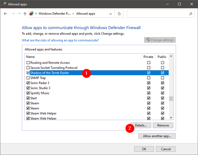 Dettagli delle regole del firewall di un programma