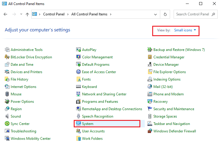 ตอนนี้ตั้งค่าตัวเลือก View by เป็น Small icons แล้วคลิกที่ System |  วิธีแก้ไขข้อผิดพลาด Windows Update 0x80070103