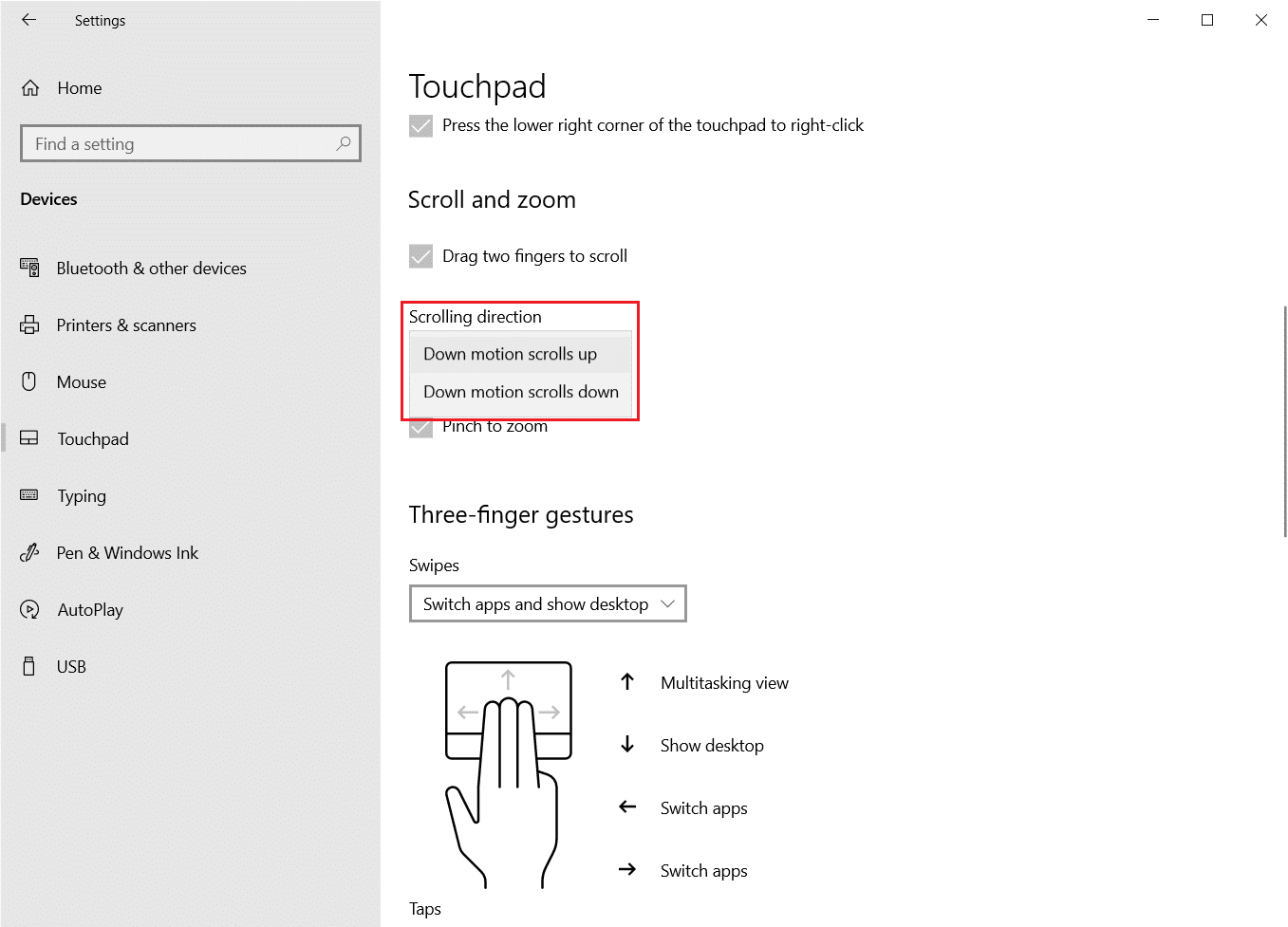 タッチパッド設定のズームオプションに2本の指をドラッグするには、[スクロールとズーム]セクションでスクロール方向を選択します。 Windows10でタッチパッドスクロールが機能しない問題を修正