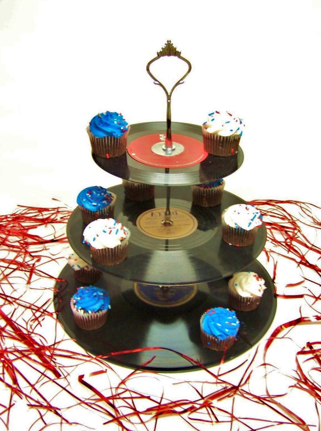 Retro Vintage Record Dessert 3 Tier Pedestal Cake Cupcake Stand Recycle