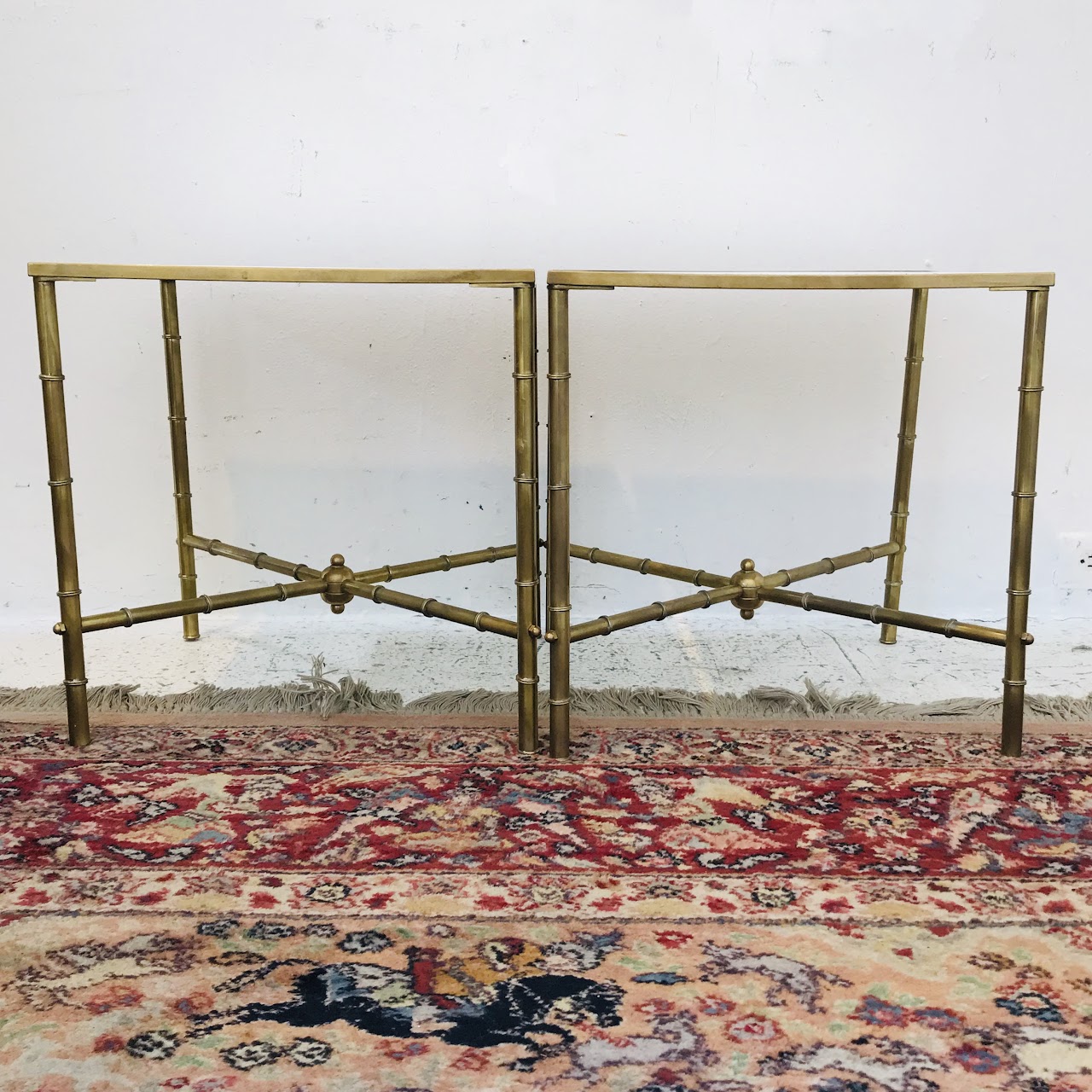 Brass and Vitrolite End Table Pair