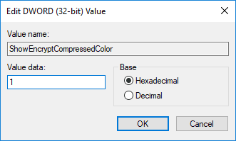 Verander de waarde van ShowEncryptCompressedColor in 1 |  Toon gecomprimeerde of versleutelde bestandsnamen in kleur in Windows 10