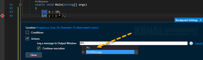 3. Call predefined method on breakpoint actions in Visual Studio 2015 (www.kunal-chowdhury.com)