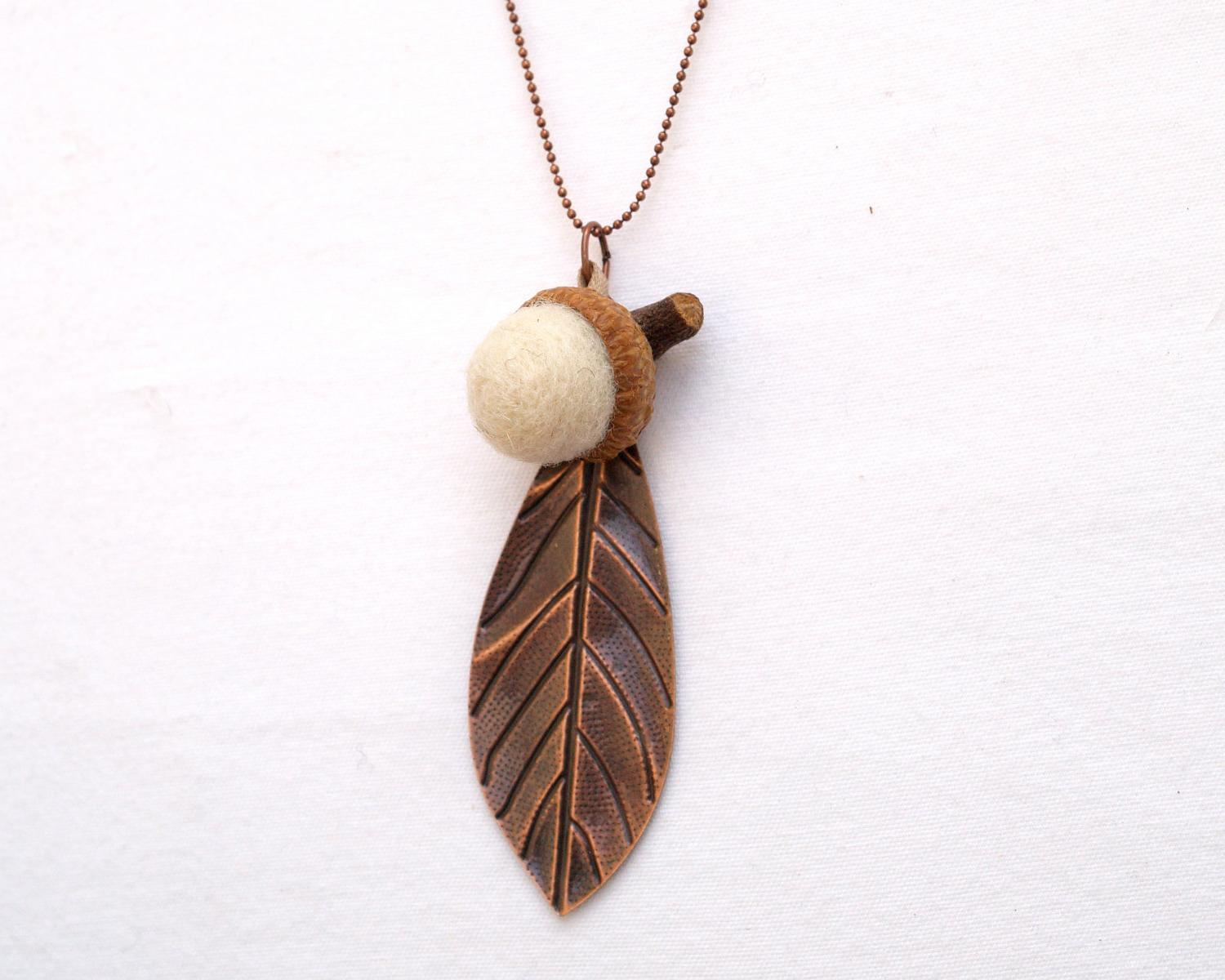 White Acorn Pendant, wool felt