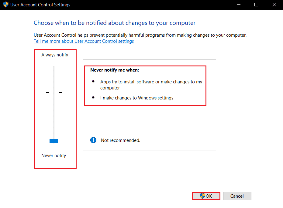 mueva el control deslizante para nunca notificar en la configuración de Control de cuentas de usuario