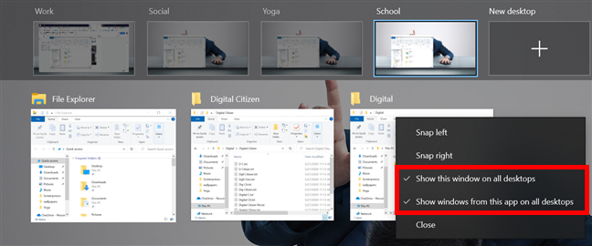 La visualizzazione di tutte le finestre di un'app su tutti i desktop abilita automaticamente l'opzione in alto