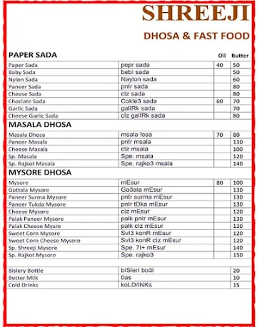 Shreeji Dhosa & Fast Food menu 