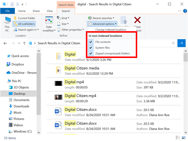 Décidez comment l'Explorateur de fichiers de Windows 10 recherche les emplacements non indexés