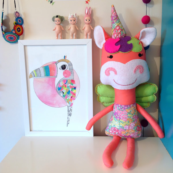 Liberty Print Unicorn Doll Handmade in Australia Laura Blythman Toucan Print Sonny Angels 